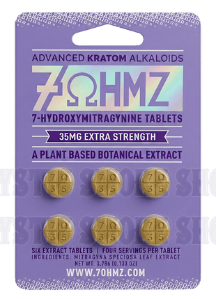 Packaging of 7OHMZ 7-Hydroxymitragynine Tablets with purple background and gold tablets.