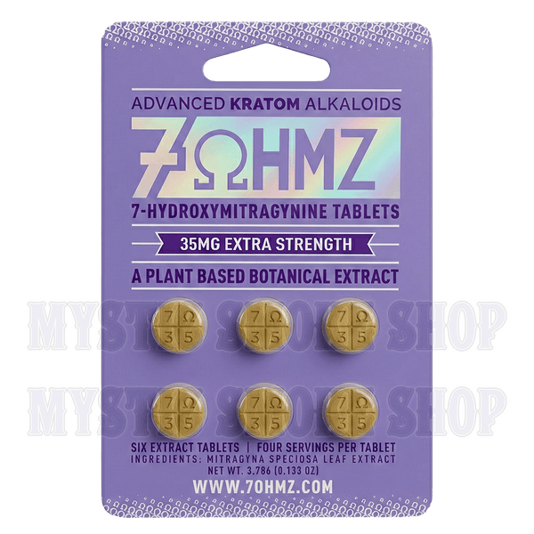 Packaging of 7OHMZ 7-Hydroxymitragynine Tablets with purple background and gold tablets.