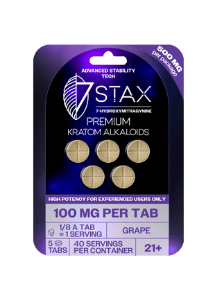 7Stax 100mg Premium Kratom Alkaloids packaging with gold tablets on a green background