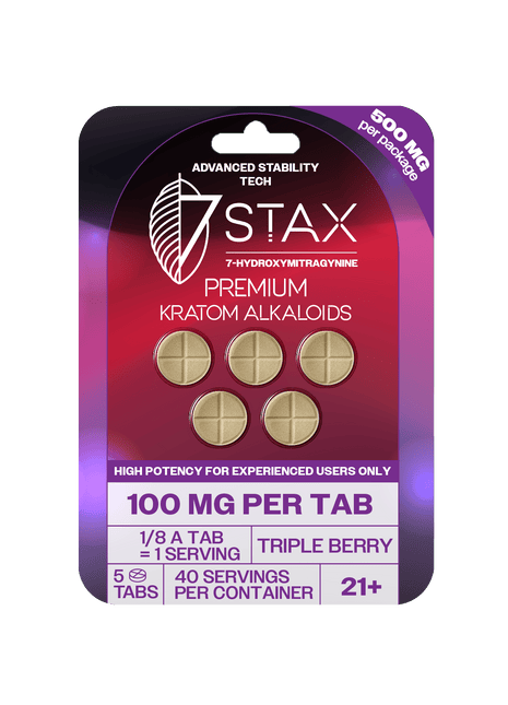 7Stax 100mg Premium Kratom Alkaloids packaging with gold tablets on a purple and red background