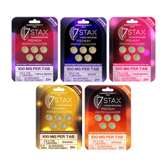 Five packages of 7Stax 100mg Premium Kratom Alkaloids on a green background