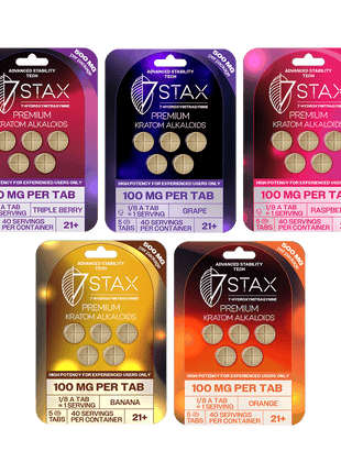 Five packages of 7Stax 100mg Premium Kratom Alkaloids on a green background