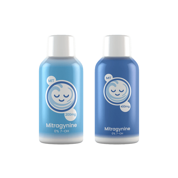 Two blue bottles with white caps labeled 'Mitragynine' on a green background